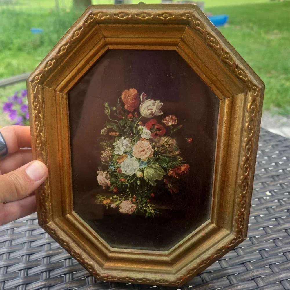 Vtg Florentine Italy Ornate Gold Wood Frame Octagon Glass Floral Print Cottage